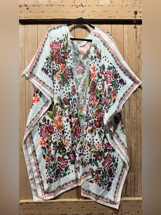 Sweaters - Floral Lightweight Kimono Cover-Up in White with Multicolor Blooms